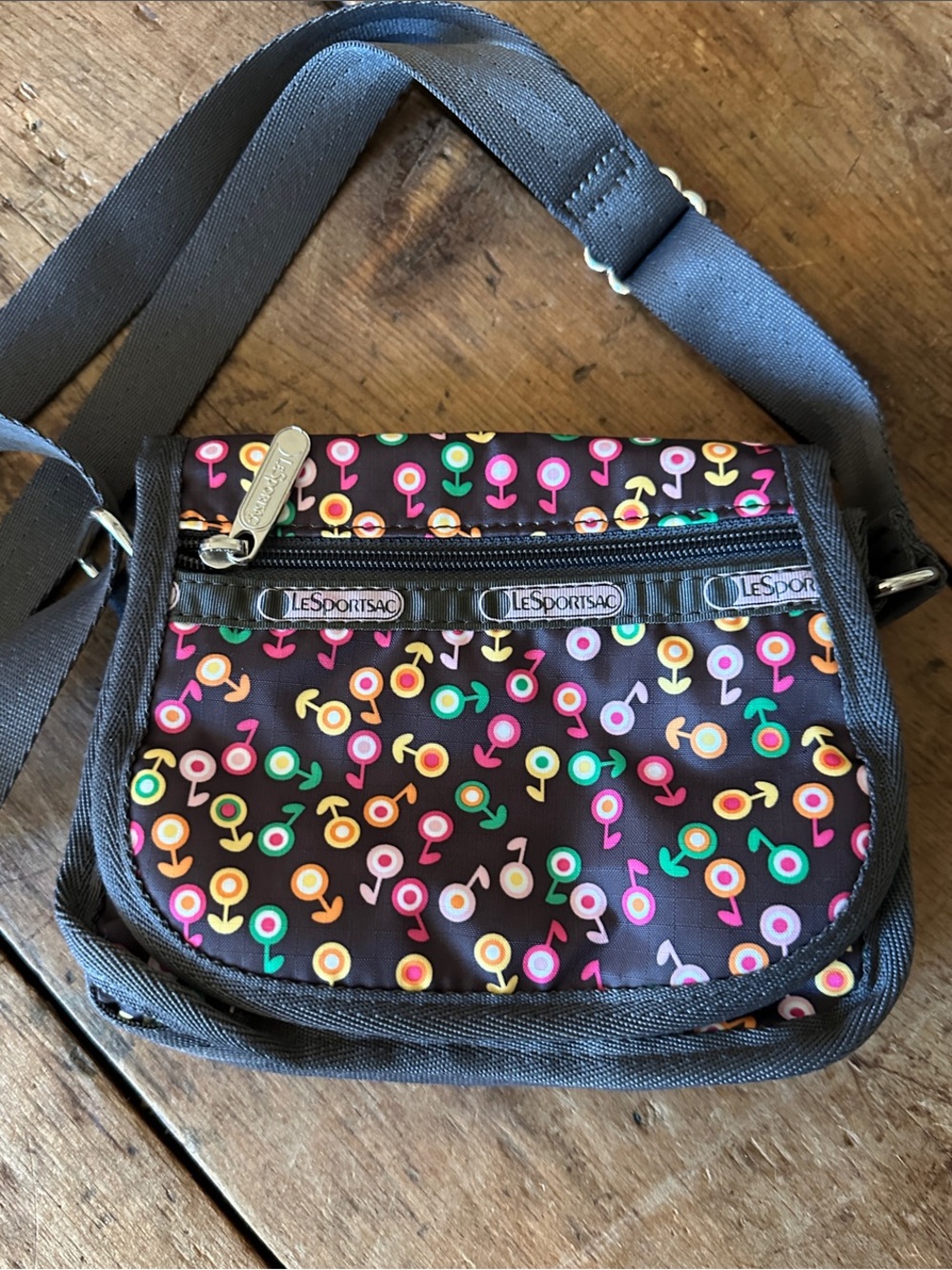 Lesportsac Black Crossbody Bag with Discontinued Multicolor Dot Floral Pattern